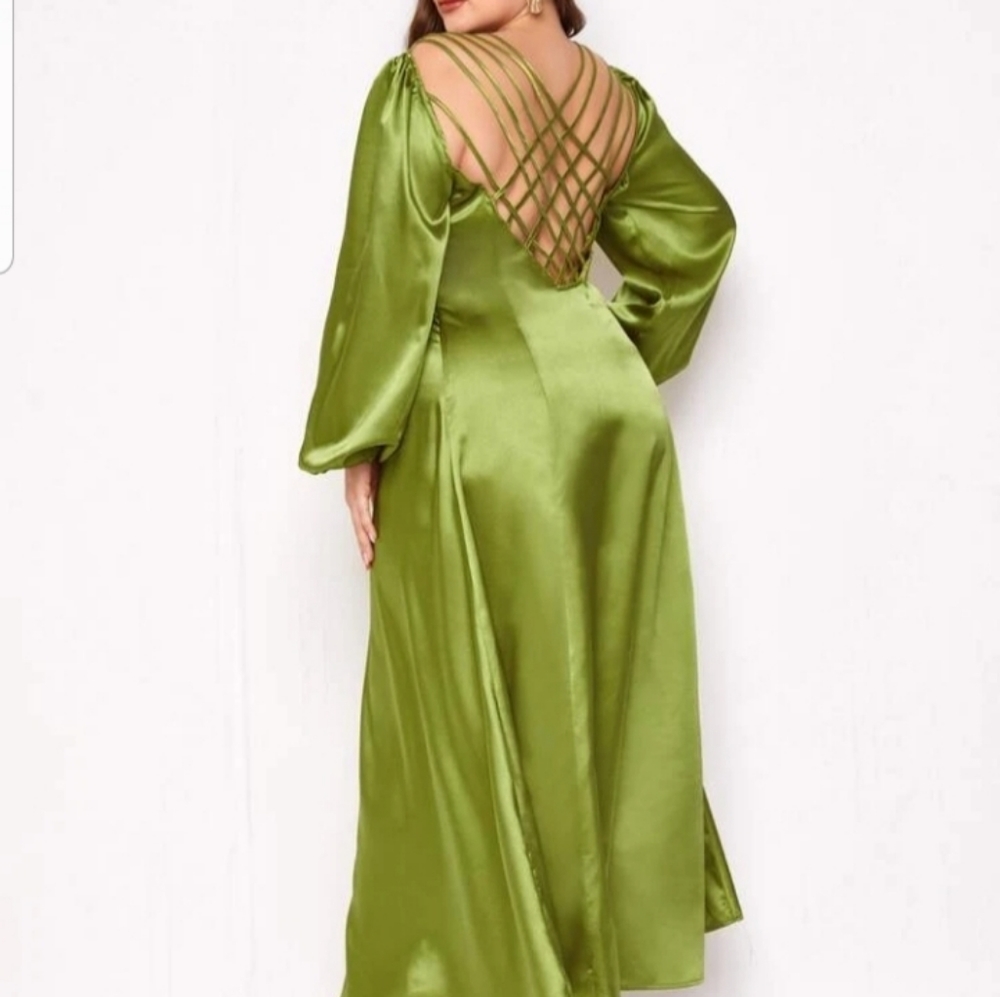 Strappy Backless Lantern Sleeve Satin Dress